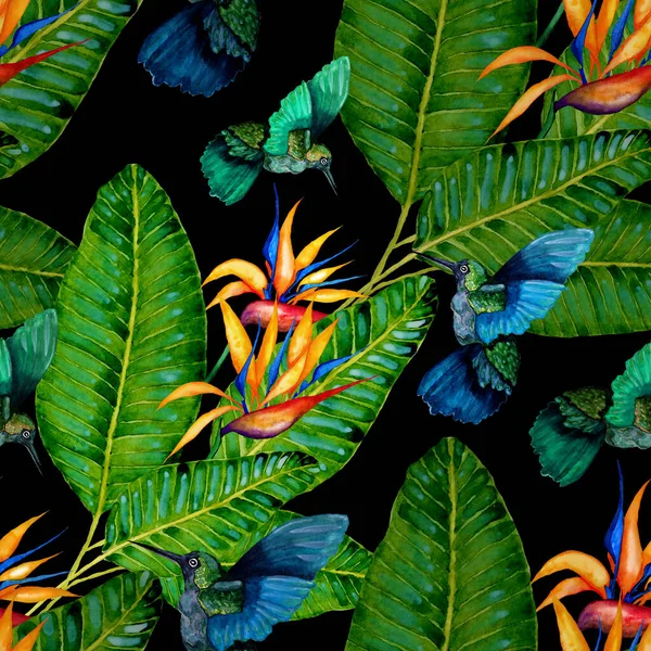 Hermoso Patrón Acuarela Sin Costuras Con Aves Flores Hojas Tropicales —  Fotos de Stock