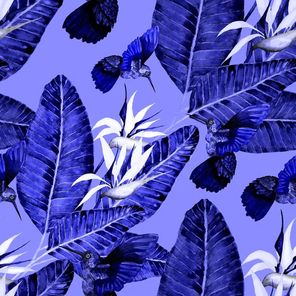 Kuşların, tropik çiçeklerin ve yaprakların olduğu kusursuz bir suluboya deseni. Her türlü tasarım için parlak bir yaz baskısı. Egzotik orman hayvanı duvar kağıdı. Moda baskısı.