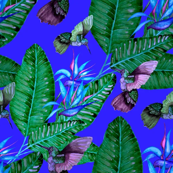 Bella Acquerello Modello Senza Soluzione Continuità Con Uccelli Fiori Tropicali — Foto Stock