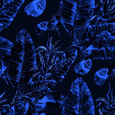 Kuşların, tropik çiçeklerin ve yaprakların olduğu kusursuz bir suluboya deseni. Her türlü tasarım için parlak bir yaz baskısı. Egzotik orman hayvanı duvar kağıdı. Moda baskısı.