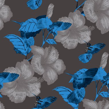 Kuşların, tropik çiçeklerin ve yaprakların olduğu kusursuz bir suluboya deseni. Her türlü tasarım için parlak bir yaz baskısı. Egzotik orman hayvanı duvar kağıdı. Moda baskısı.