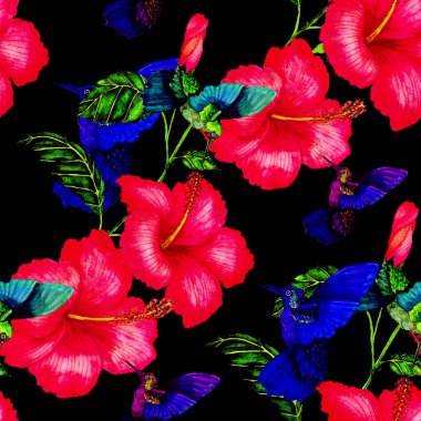 Kuşların, tropik çiçeklerin ve yaprakların olduğu kusursuz bir suluboya deseni. Her türlü tasarım için parlak bir yaz baskısı. Egzotik orman hayvanı duvar kağıdı. Moda baskısı.