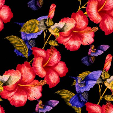 Kuşların, tropik çiçeklerin ve yaprakların olduğu kusursuz bir suluboya deseni. Her türlü tasarım için parlak bir yaz baskısı. Egzotik orman hayvanı duvar kağıdı. Moda baskısı.