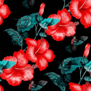 Kuşların, tropik çiçeklerin ve yaprakların olduğu kusursuz bir suluboya deseni. Her türlü tasarım için parlak bir yaz baskısı. Egzotik orman hayvanı duvar kağıdı. Moda baskısı.