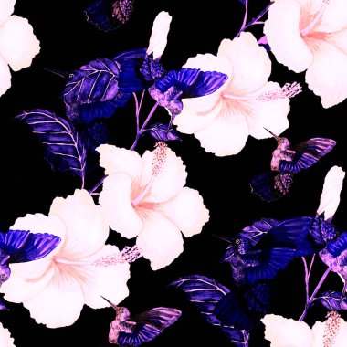 Kuşların, tropik çiçeklerin ve yaprakların olduğu kusursuz bir suluboya deseni. Her türlü tasarım için parlak bir yaz baskısı. Egzotik orman hayvanı duvar kağıdı. Moda baskısı.