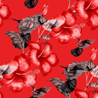 Kuşların, tropik çiçeklerin ve yaprakların olduğu kusursuz bir suluboya deseni. Her türlü tasarım için parlak bir yaz baskısı. Egzotik orman hayvanı duvar kağıdı. Moda baskısı.