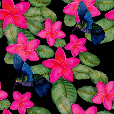 Kuşların, tropik çiçeklerin ve yaprakların olduğu kusursuz bir suluboya deseni. Her türlü tasarım için parlak bir yaz baskısı. Egzotik orman hayvanı duvar kağıdı. Moda baskısı.