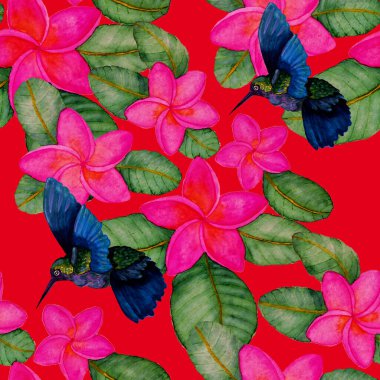 Kuşların, tropik çiçeklerin ve yaprakların olduğu kusursuz bir suluboya deseni. Her türlü tasarım için parlak bir yaz baskısı. Egzotik orman hayvanı duvar kağıdı. Moda baskısı.