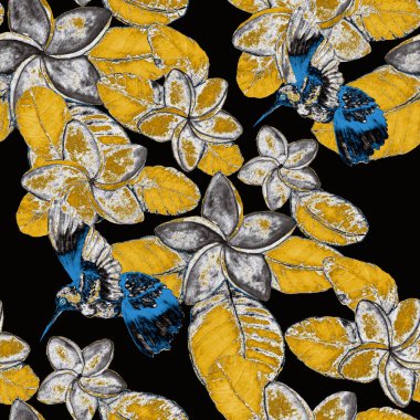 Kuşların, tropik çiçeklerin ve yaprakların olduğu kusursuz bir suluboya deseni. Her türlü tasarım için parlak bir yaz baskısı. Egzotik orman hayvanı duvar kağıdı. Moda baskısı.