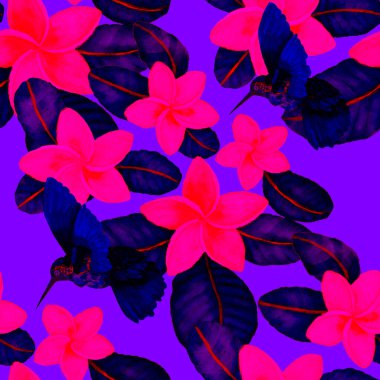 Kuşların, tropik çiçeklerin ve yaprakların olduğu kusursuz bir suluboya deseni. Her türlü tasarım için parlak bir yaz baskısı. Egzotik orman hayvanı duvar kağıdı. Moda baskısı.