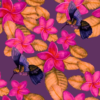 Kuşların, tropik çiçeklerin ve yaprakların olduğu kusursuz bir suluboya deseni. Her türlü tasarım için parlak bir yaz baskısı. Egzotik orman hayvanı duvar kağıdı. Moda baskısı.