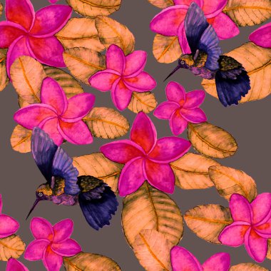 Kuşların, tropik çiçeklerin ve yaprakların olduğu kusursuz bir suluboya deseni. Her türlü tasarım için parlak bir yaz baskısı. Egzotik orman hayvanı duvar kağıdı. Moda baskısı.