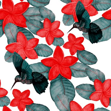 Kuşların, tropik çiçeklerin ve yaprakların olduğu kusursuz bir suluboya deseni. Her türlü tasarım için parlak bir yaz baskısı. Egzotik orman hayvanı duvar kağıdı. Moda baskısı.