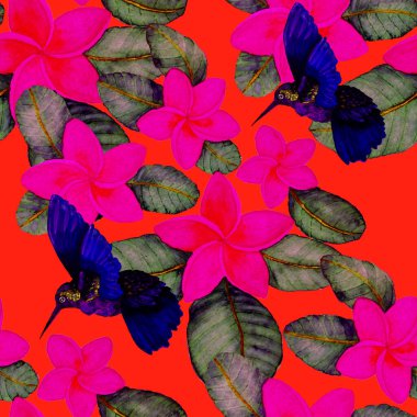 Kuşların, tropik çiçeklerin ve yaprakların olduğu kusursuz bir suluboya deseni. Her türlü tasarım için parlak bir yaz baskısı. Egzotik orman hayvanı duvar kağıdı. Moda baskısı.