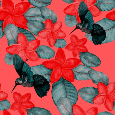 Kuşların, tropik çiçeklerin ve yaprakların olduğu kusursuz bir suluboya deseni. Her türlü tasarım için parlak bir yaz baskısı. Egzotik orman hayvanı duvar kağıdı. Moda baskısı.