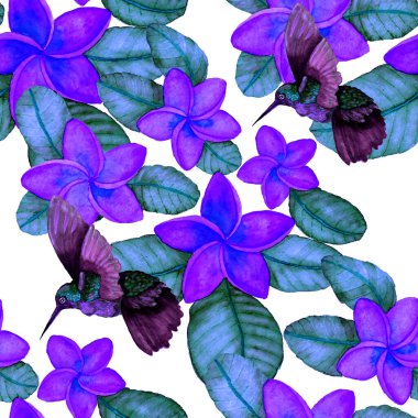 Kuşların, tropik çiçeklerin ve yaprakların olduğu kusursuz bir suluboya deseni. Her türlü tasarım için parlak bir yaz baskısı. Egzotik orman hayvanı duvar kağıdı. Moda baskısı.