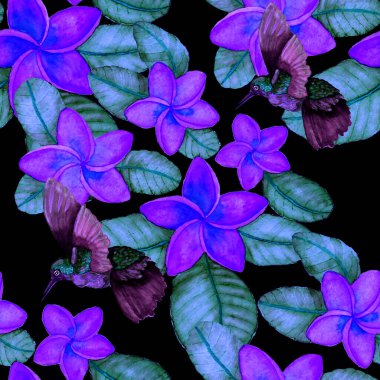 Kuşların, tropik çiçeklerin ve yaprakların olduğu kusursuz bir suluboya deseni. Her türlü tasarım için parlak bir yaz baskısı. Egzotik orman hayvanı duvar kağıdı. Moda baskısı.