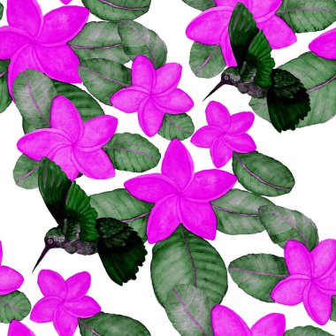 Kuşların, tropik çiçeklerin ve yaprakların olduğu kusursuz bir suluboya deseni. Her türlü tasarım için parlak bir yaz baskısı. Egzotik orman hayvanı duvar kağıdı. Moda baskısı.