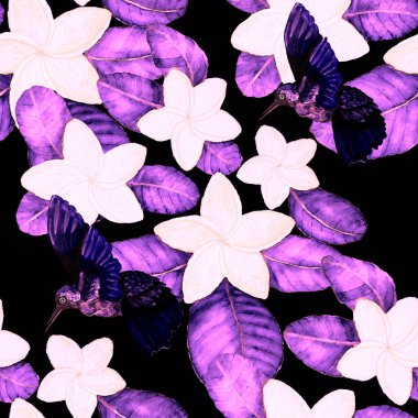 Kuşların, tropik çiçeklerin ve yaprakların olduğu kusursuz bir suluboya deseni. Her türlü tasarım için parlak bir yaz baskısı. Egzotik orman hayvanı duvar kağıdı. Moda baskısı.