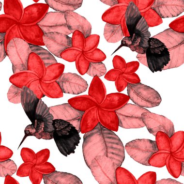 Kuşların, tropik çiçeklerin ve yaprakların olduğu kusursuz bir suluboya deseni. Her türlü tasarım için parlak bir yaz baskısı. Egzotik orman hayvanı duvar kağıdı. Moda baskısı.