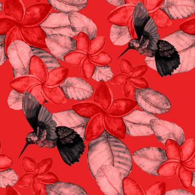 Kuşların, tropik çiçeklerin ve yaprakların olduğu kusursuz bir suluboya deseni. Her türlü tasarım için parlak bir yaz baskısı. Egzotik orman hayvanı duvar kağıdı. Moda baskısı.