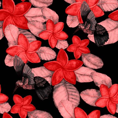 Kuşların, tropik çiçeklerin ve yaprakların olduğu kusursuz bir suluboya deseni. Her türlü tasarım için parlak bir yaz baskısı. Egzotik orman hayvanı duvar kağıdı. Moda baskısı.