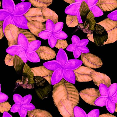 Kuşların, tropik çiçeklerin ve yaprakların olduğu kusursuz bir suluboya deseni. Her türlü tasarım için parlak bir yaz baskısı. Egzotik orman hayvanı duvar kağıdı. Moda baskısı.