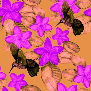 Kuşların, tropik çiçeklerin ve yaprakların olduğu kusursuz bir suluboya deseni. Her türlü tasarım için parlak bir yaz baskısı. Egzotik orman hayvanı duvar kağıdı. Moda baskısı.