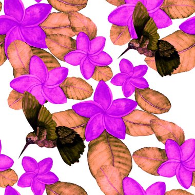 Kuşların, tropik çiçeklerin ve yaprakların olduğu kusursuz bir suluboya deseni. Her türlü tasarım için parlak bir yaz baskısı. Egzotik orman hayvanı duvar kağıdı. Moda baskısı.