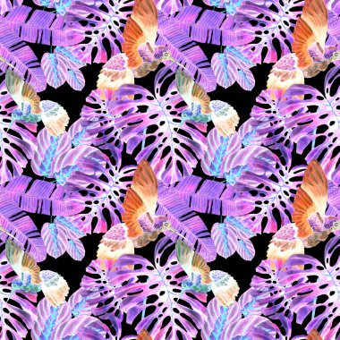 Kuşların, tropik çiçeklerin ve yaprakların olduğu kusursuz bir suluboya deseni. Her türlü tasarım için parlak bir yaz baskısı. Egzotik orman hayvanı duvar kağıdı. Moda baskısı.