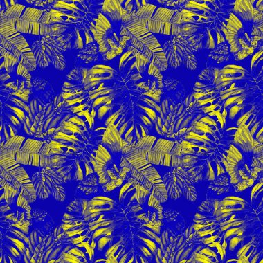 Kuşların, tropik çiçeklerin ve yaprakların olduğu kusursuz bir suluboya deseni. Her türlü tasarım için parlak bir yaz baskısı. Egzotik orman hayvanı duvar kağıdı. Moda baskısı.