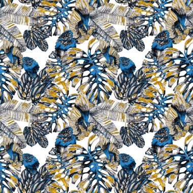 Kuşların, tropik çiçeklerin ve yaprakların olduğu kusursuz bir suluboya deseni. Her türlü tasarım için parlak bir yaz baskısı. Egzotik orman hayvanı duvar kağıdı. Moda baskısı.