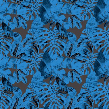 Kuşların, tropik çiçeklerin ve yaprakların olduğu kusursuz bir suluboya deseni. Her türlü tasarım için parlak bir yaz baskısı. Egzotik orman hayvanı duvar kağıdı. Moda baskısı.