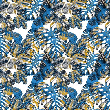 Kuşların, tropik çiçeklerin ve yaprakların olduğu kusursuz bir suluboya deseni. Her türlü tasarım için parlak bir yaz baskısı. Egzotik orman hayvanı duvar kağıdı. Moda baskısı.