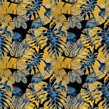 Kuşların, tropik çiçeklerin ve yaprakların olduğu kusursuz bir suluboya deseni. Her türlü tasarım için parlak bir yaz baskısı. Egzotik orman hayvanı duvar kağıdı. Moda baskısı.