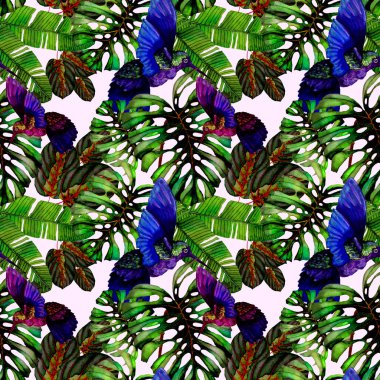 Kuşların, tropik çiçeklerin ve yaprakların olduğu kusursuz bir suluboya deseni. Her türlü tasarım için parlak bir yaz baskısı. Egzotik orman hayvanı duvar kağıdı. Moda baskısı.