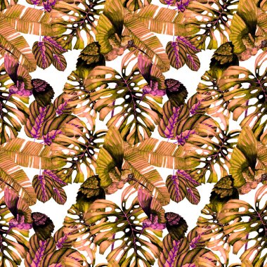 Kuşların, tropik çiçeklerin ve yaprakların olduğu kusursuz bir suluboya deseni. Her türlü tasarım için parlak bir yaz baskısı. Egzotik orman hayvanı duvar kağıdı. Moda baskısı.