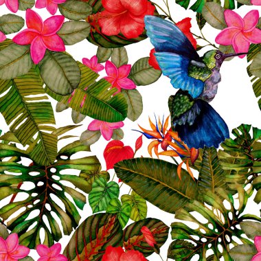 Kuşların, tropik çiçeklerin ve yaprakların olduğu kusursuz bir suluboya deseni. Her türlü tasarım için parlak bir yaz baskısı. Egzotik orman hayvanı duvar kağıdı. Moda baskısı.