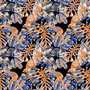 Kuşların, tropik çiçeklerin ve yaprakların olduğu kusursuz bir suluboya deseni. Her türlü tasarım için parlak bir yaz baskısı. Egzotik orman hayvanı duvar kağıdı. Moda baskısı.