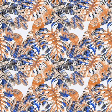 Kuşların, tropik çiçeklerin ve yaprakların olduğu kusursuz bir suluboya deseni. Her türlü tasarım için parlak bir yaz baskısı. Egzotik orman hayvanı duvar kağıdı. Moda baskısı.