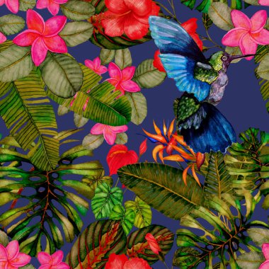 Kuşların, tropik çiçeklerin ve yaprakların olduğu kusursuz bir suluboya deseni. Her türlü tasarım için parlak bir yaz baskısı. Egzotik orman hayvanı duvar kağıdı. Moda baskısı.