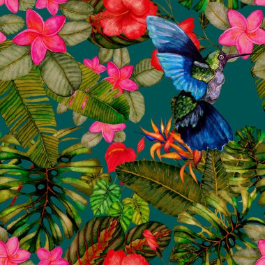 Kuşların, tropik çiçeklerin ve yaprakların olduğu kusursuz bir suluboya deseni. Her türlü tasarım için parlak bir yaz baskısı. Egzotik orman hayvanı duvar kağıdı. Moda baskısı.