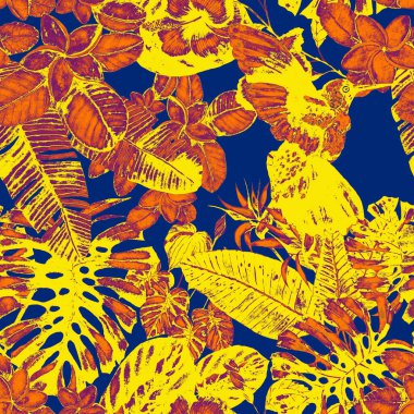 Kuşların, tropik çiçeklerin ve yaprakların olduğu kusursuz bir suluboya deseni. Her türlü tasarım için parlak bir yaz baskısı. Egzotik orman hayvanı duvar kağıdı. Moda baskısı.
