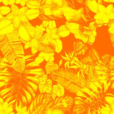 Kuşların, tropik çiçeklerin ve yaprakların olduğu kusursuz bir suluboya deseni. Her türlü tasarım için parlak bir yaz baskısı. Egzotik orman hayvanı duvar kağıdı. Moda baskısı.