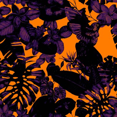 Kuşların, tropik çiçeklerin ve yaprakların olduğu kusursuz bir suluboya deseni. Her türlü tasarım için parlak bir yaz baskısı. Egzotik orman hayvanı duvar kağıdı. Moda baskısı.