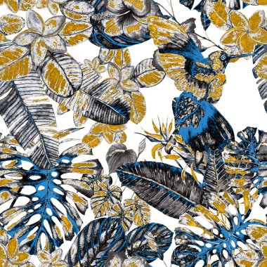 Kuşların, tropik çiçeklerin ve yaprakların olduğu kusursuz bir suluboya deseni. Her türlü tasarım için parlak bir yaz baskısı. Egzotik orman hayvanı duvar kağıdı. Moda baskısı.