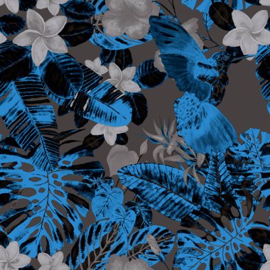 Kuşların, tropik çiçeklerin ve yaprakların olduğu kusursuz bir suluboya deseni. Her türlü tasarım için parlak bir yaz baskısı. Egzotik orman hayvanı duvar kağıdı. Moda baskısı.