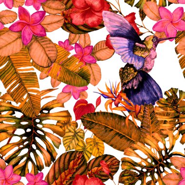 Kuşların, tropik çiçeklerin ve yaprakların olduğu kusursuz bir suluboya deseni. Her türlü tasarım için parlak bir yaz baskısı. Egzotik orman hayvanı duvar kağıdı. Moda baskısı.