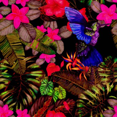Kuşların, tropik çiçeklerin ve yaprakların olduğu kusursuz bir suluboya deseni. Her türlü tasarım için parlak bir yaz baskısı. Egzotik orman hayvanı duvar kağıdı. Moda baskısı.