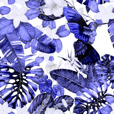 Kuşların, tropik çiçeklerin ve yaprakların olduğu kusursuz bir suluboya deseni. Her türlü tasarım için parlak bir yaz baskısı. Egzotik orman hayvanı duvar kağıdı. Moda baskısı.